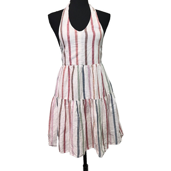 AMERICAN EAGLE Size XS Multicolor Striped Linen Blend Halter Dress Pockets NWT - Picture 1 of 10
